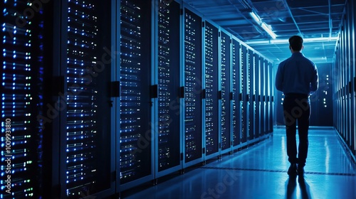 A focused IT technician conducting maintenance checks on server hardware in a data center photo