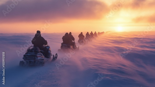 A group of Inuit hunters journeys across a snowy expanse on snowmobiles during sunset, highlighting their connection to the Arctic environment and tradition photo