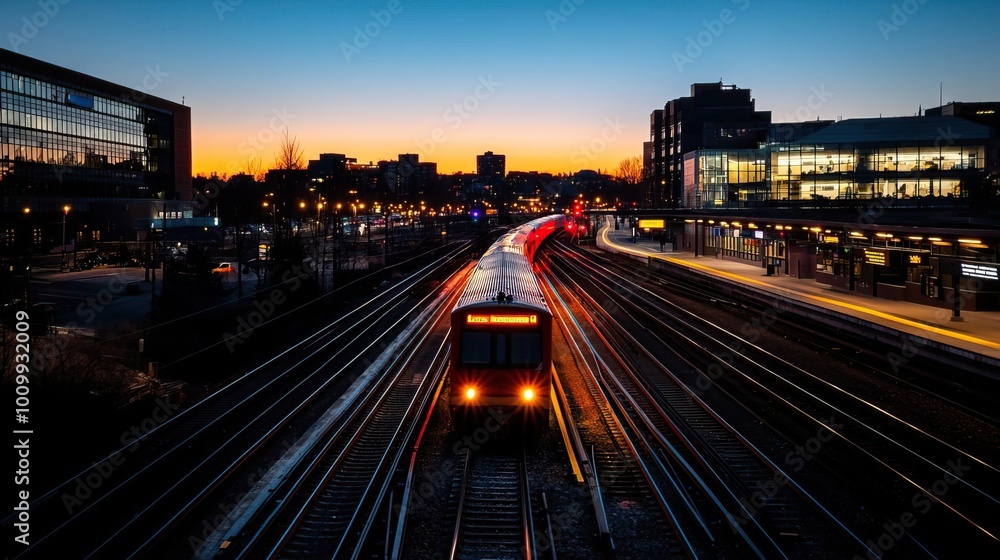 A bustling train station at night, illuminated by vibrant city lights, capturing the dynamic movement of trains arriving A bustling train station at night, illuminated by vibrant city lights, capturing the dynamic movement of trains arriving