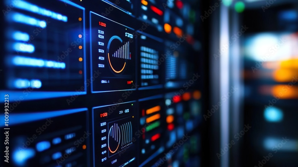 A technical controller system monitoring room filled with screens and dashboards, displaying real-time data A technical controller system monitoring room filled with screens and dashboards, displaying real-time data