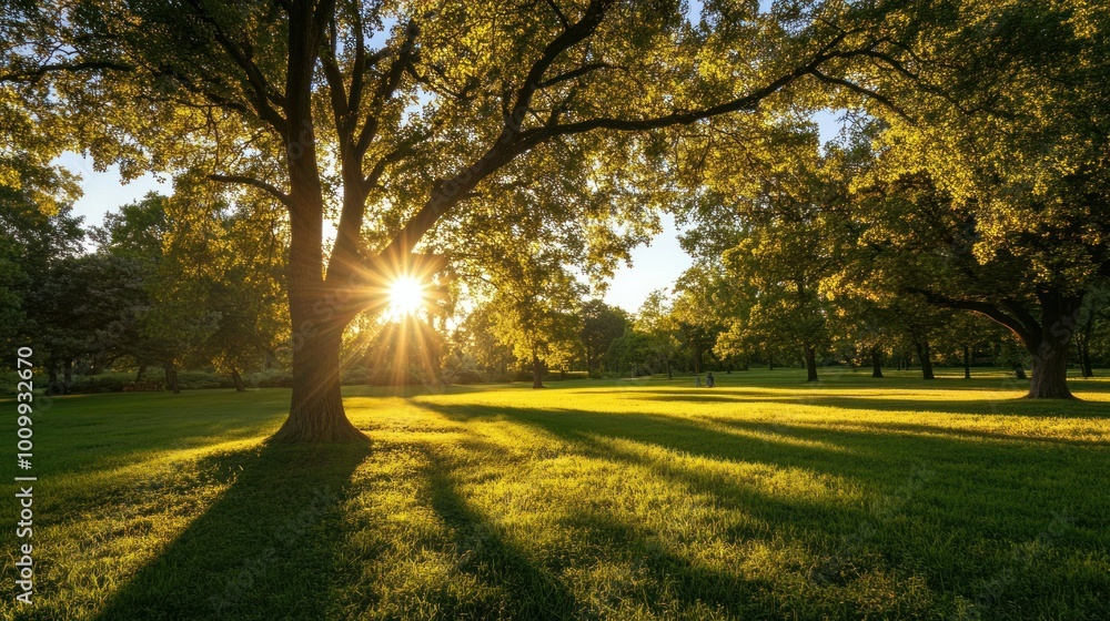 Obraz premium Sunlight Filtering Through Trees in a Park
