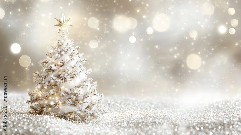 A white Christmas tree with a star on top is standing in a snowy field A white Christmas tree with a star on top is standing in a snowy field