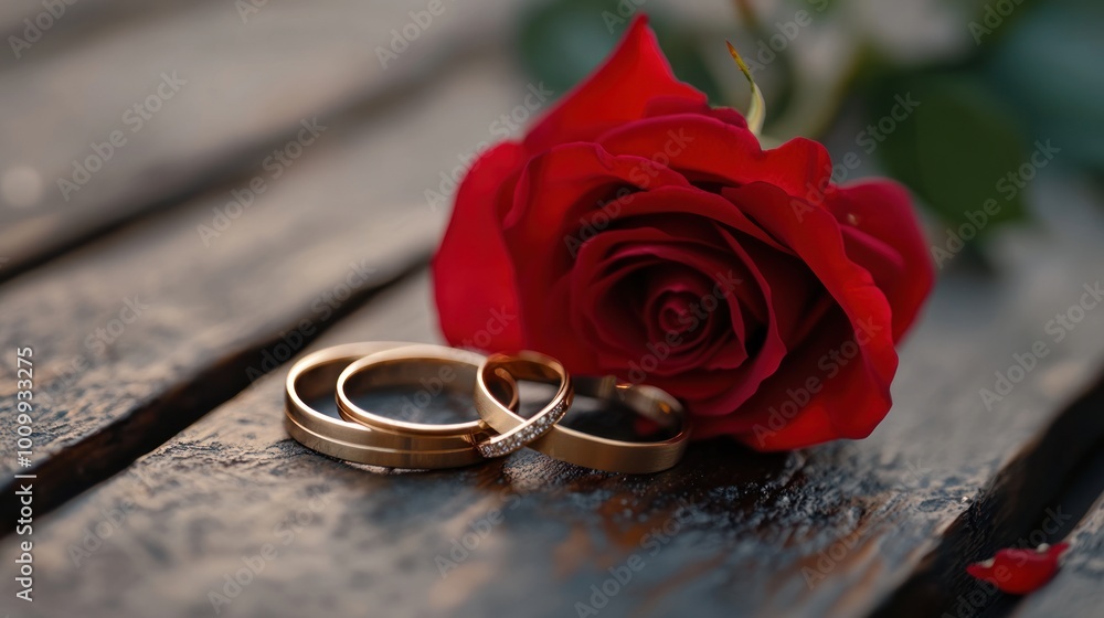 Wedding Rings and Red Rose on Wooden Surface Wedding Rings and Red Rose on Wooden Surface