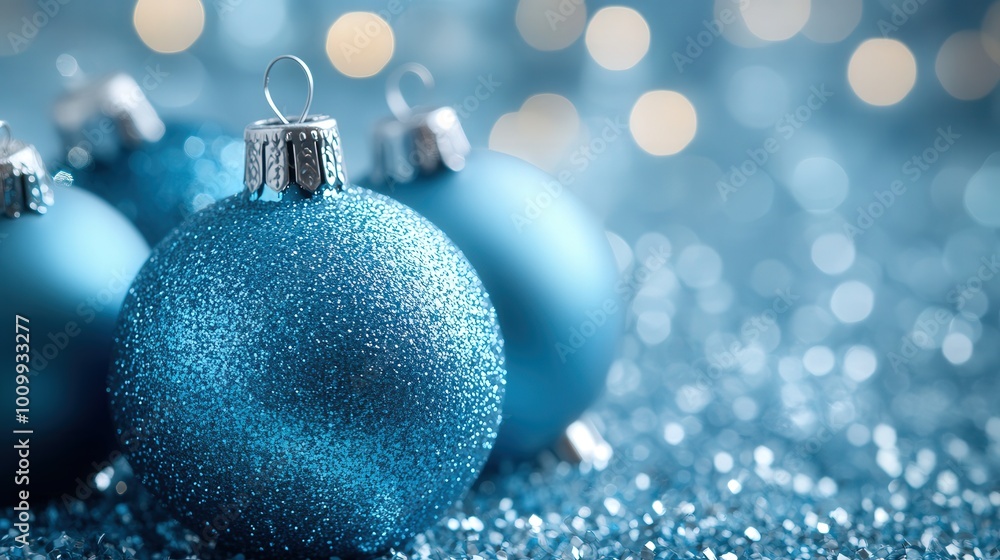 A blue ornament with a silver chain hangs on a blue background A blue ornament with a silver chain hangs on a blue background