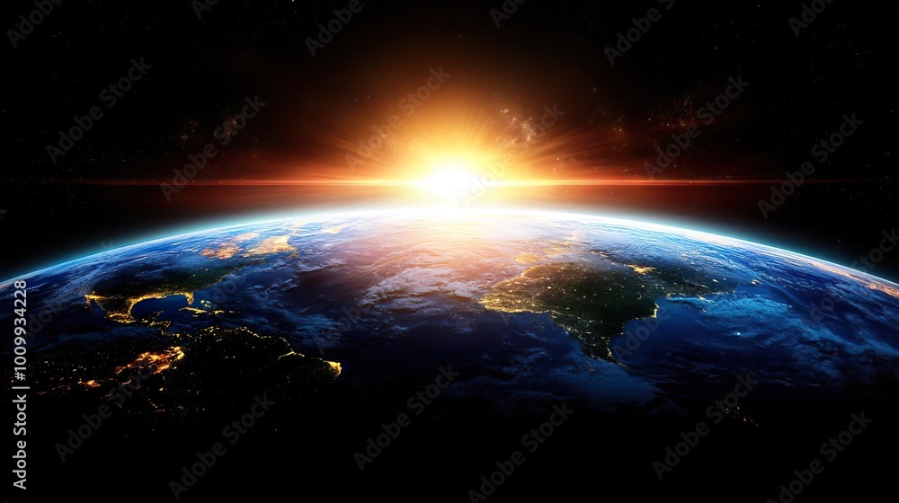 Fototapeta premium Sunrise over Earth in outer space, capturing the beauty of dawn from a celestial viewpoint.