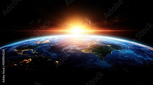 Sunrise over Earth in outer space, capturing the beauty of dawn from a celestial viewpoint.