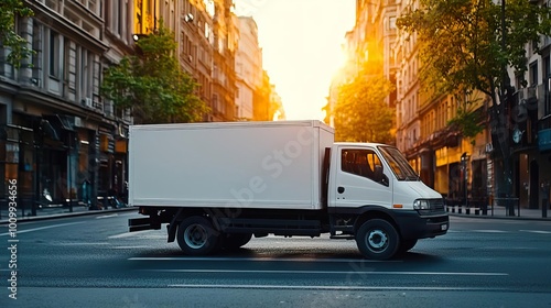 A white delivery truck parked on a city street at sunset, showcasing urban life and transportation. photo