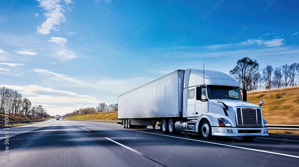 A sleek white truck cruising on a highway under a clear blue sky, symbolizing transport and logistics in action. A sleek white truck cruising on a highway under a clear blue sky, symbolizing transport and logistics in action.