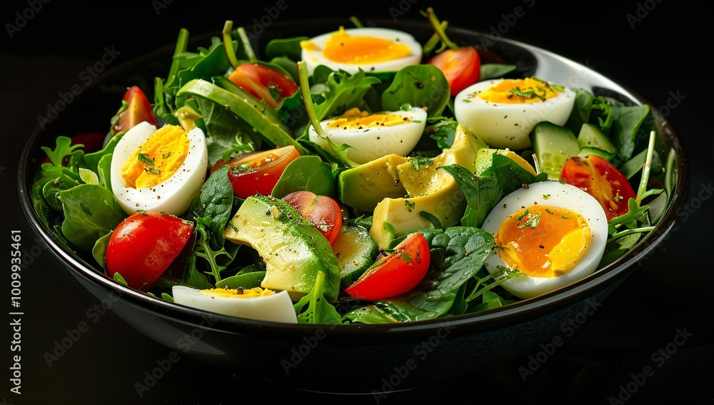 A fresh salad with avocados, eggs and tomatoes on a black background. The... A fresh salad with avocados, eggs and tomatoes on a black background. The...