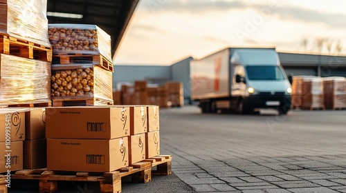 A delivery truck arrives at a warehouse, surrounded by stacked pallets of boxes under a warm sunset glow.