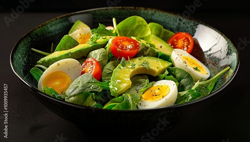 A fresh salad with avocados, eggs and tomatoes on a black background. The...