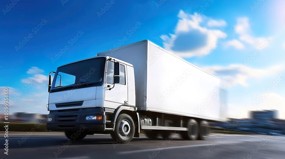 A dynamic shot of a white delivery truck in motion against a bright blue sky, symbolizing logistics and transportation efficiency. A dynamic shot of a white delivery truck in motion against a bright blue sky, symbolizing logistics and transportation efficiency.