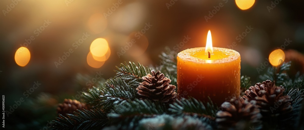Candle lit with pine branches and cones Candle lit with pine branches and cones