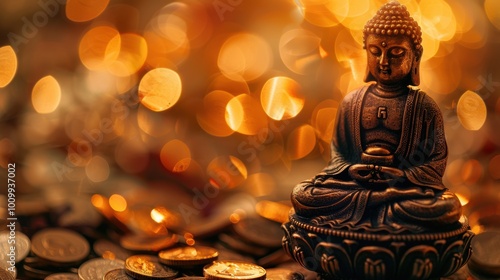 Close-up of a bronze Buddha figurine on a table, surrounded by coins. Represents themes of meditation and spirituality photo