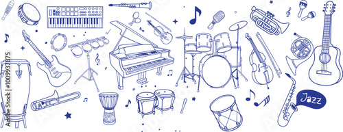 hand drawn black line of music instruments. guitar, saxophone, drum doodle vector set.