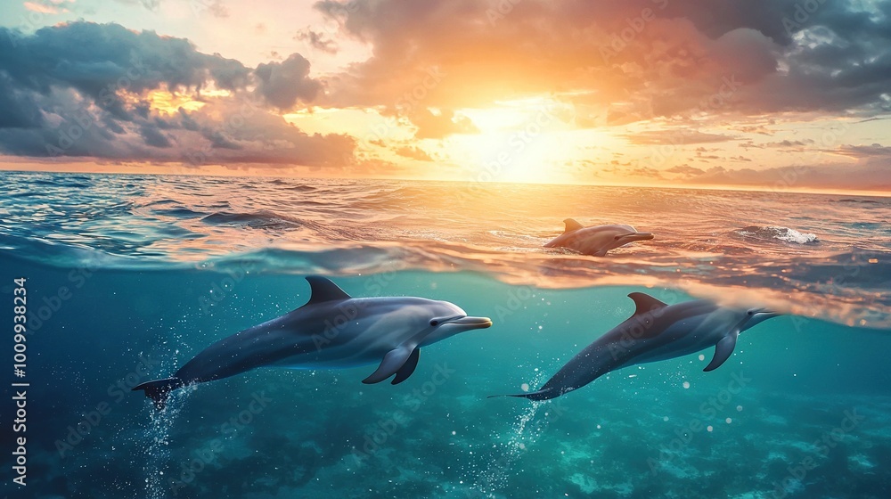 Fototapeta premium Two dolphins swim in the sunlit ocean beneath cloudy skies