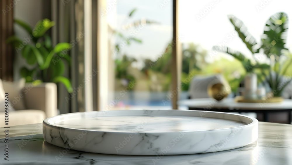 Fototapeta premium Marble round podium on blurred living room background, closeup, mock up for...