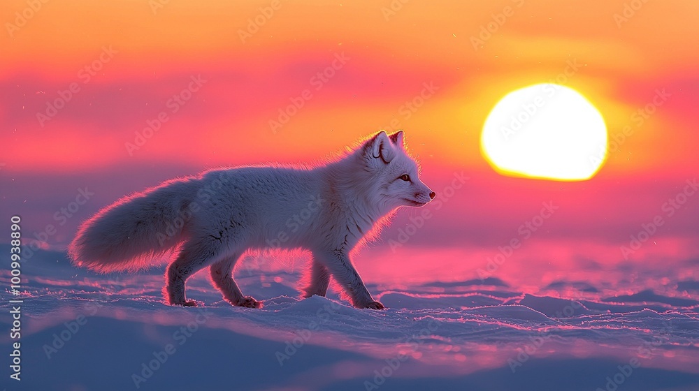A white fox perched on a snowy field beneath an orange-pink sky, with the sun behind A white fox perched on a snowy field beneath an orange-pink sky, with the sun behind