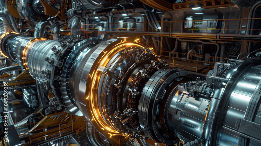 Obraz premium Complex Futuristic Metallic Industrial Turbine Engine Machinery in Abstract 3D