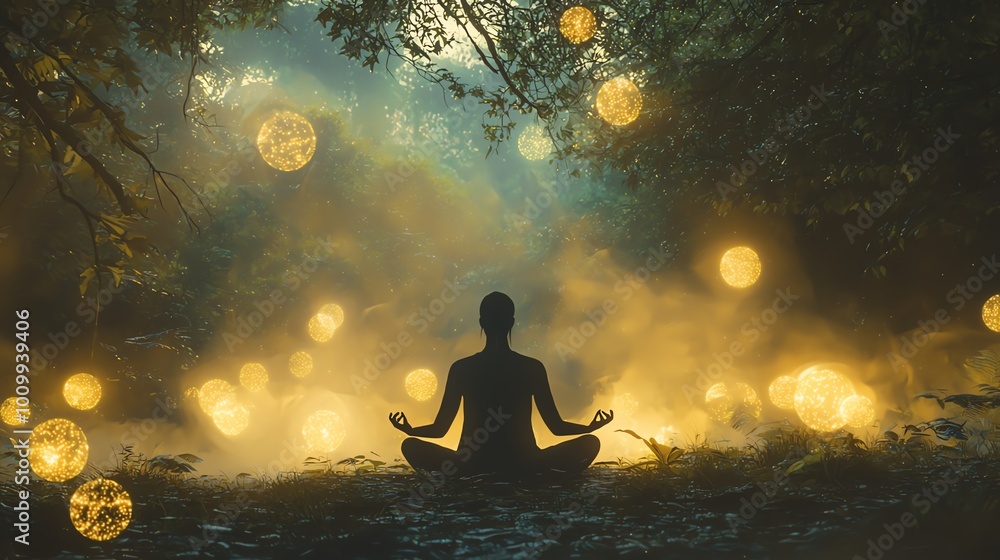 A mystical figure meditating in a forest surrounded by glowing orbs of light, with ethereal plants and shimmering mist creating an otherworldly atmosphere A mystical figure meditating in a forest surrounded by glowing orbs of light, with ethereal plants and shimmering mist creating an otherworldly atmosphere