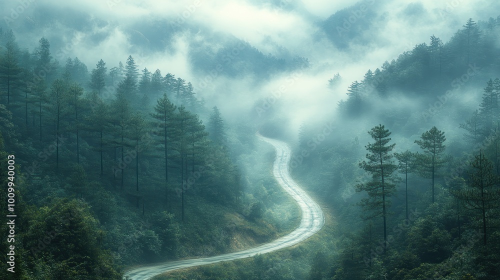 Serene winding road through misty mountains and lush greenery. Serene winding road through misty mountains and lush greenery.
