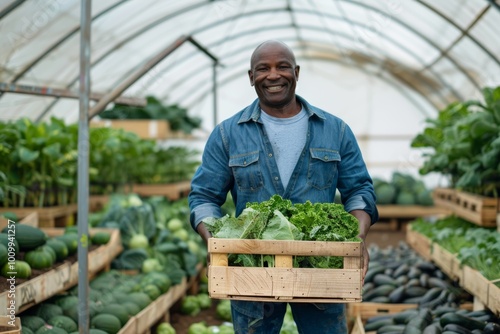 Portrait of a smiling farmer harvesting vegetables in a crate, showcasing agricultural work for food distribution and retail