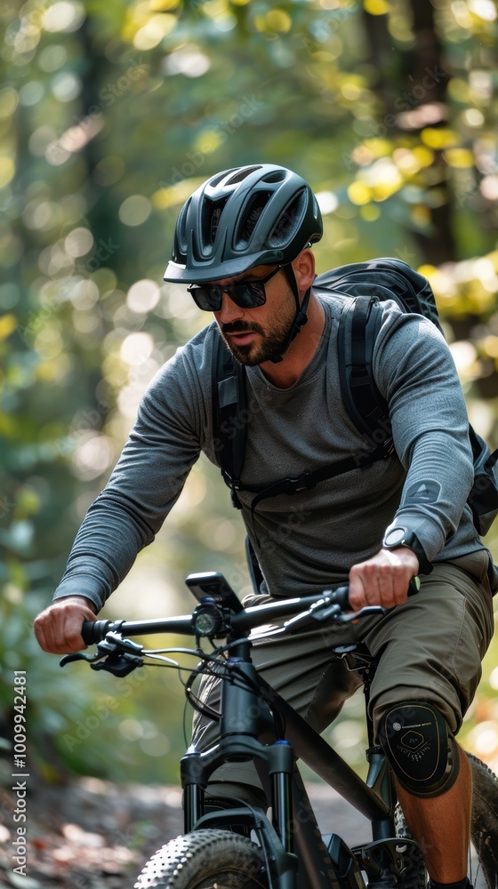 Happy cyclist enjoying nature and sustainability while using fitness tracking technology, GPS, and health data in a forest environment Happy cyclist enjoying nature and sustainability while using fitness tracking technology, GPS, and health data in a forest environment