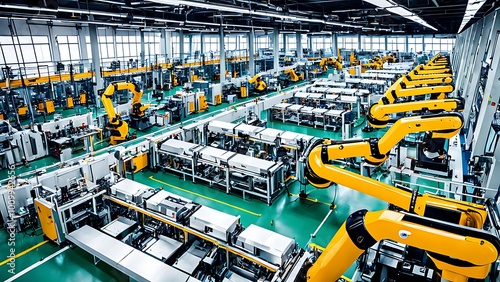 Large factory with many automated machines and yellow robots