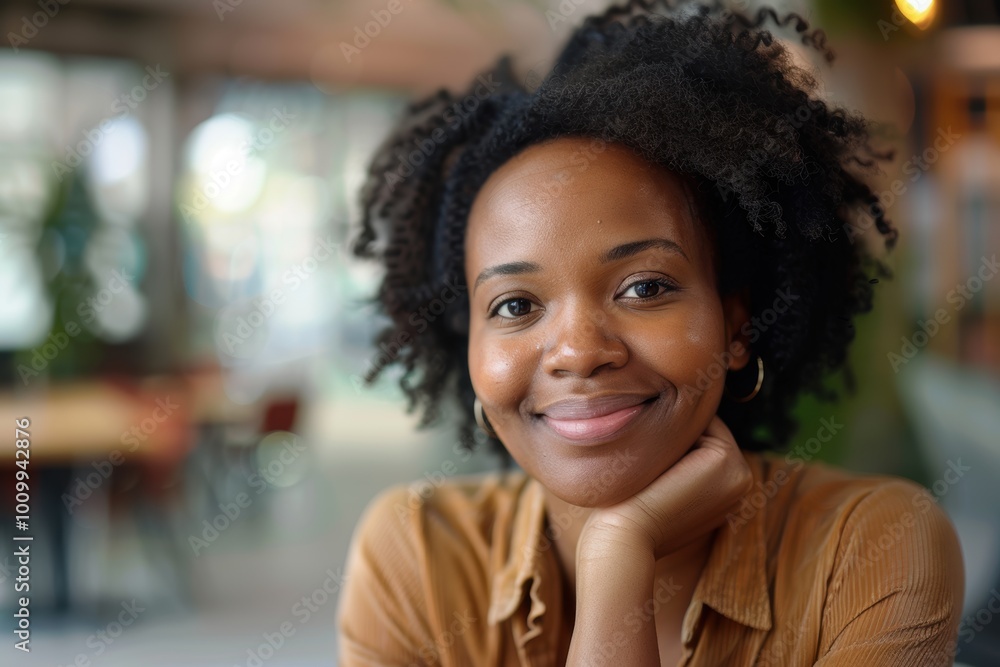 Smiling woman with hand on chin, embodying motivation and positivity for digital marketing and entrepreneurship in a professional setting Smiling woman with hand on chin, embodying motivation and positivity for digital marketing and entrepreneurship in a professional setting