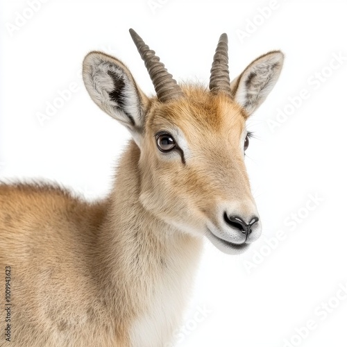 captivating close-up features a saiga antelope displaying its unique, bulbous nose and short horns, highlighting the animal's distinct facial features and soft fur.