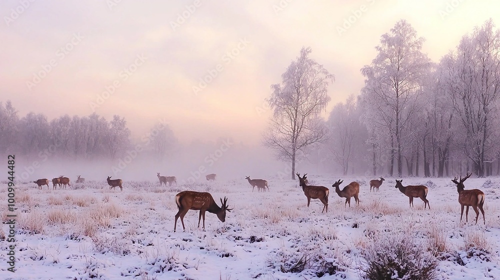 A snow-covered field hosts a herd of deer amidst tree-filled background during foggy conditions A snow-covered field hosts a herd of deer amidst tree-filled background during foggy conditions