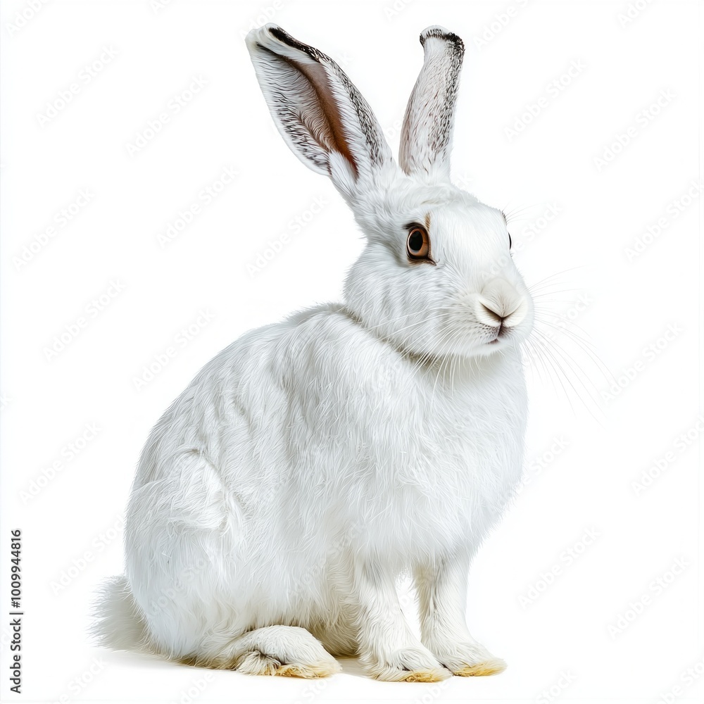 snowshoe hare sits quietly, its soft white fur camouflaging perfectly against a light backdrop. Its attentive posture highlights the serene beauty of winter wildlife. snowshoe hare sits quietly, its soft white fur camouflaging perfectly against a light backdrop. Its attentive posture highlights the serene beauty of winter wildlife.