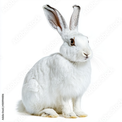 snowshoe hare sits quietly, its soft white fur camouflaging perfectly against a light backdrop. Its attentive posture highlights the serene beauty of winter wildlife.