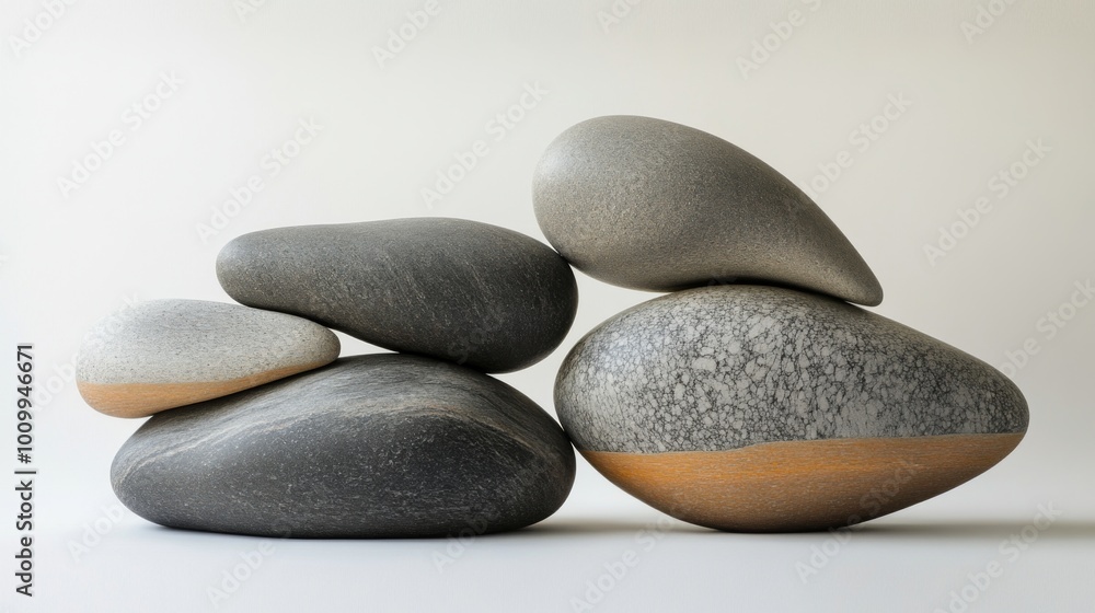 Four smooth, gray and tan stones stacked against a white backdrop. Four smooth, gray and tan stones stacked against a white backdrop.