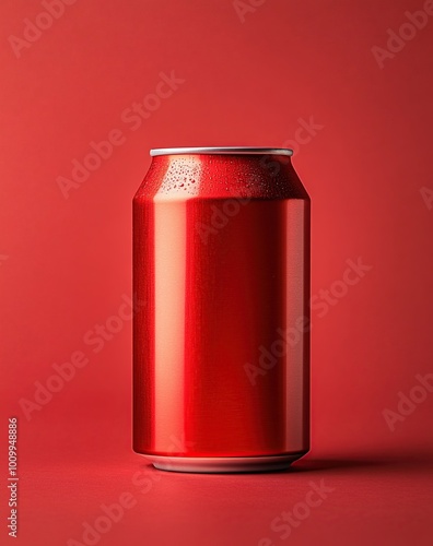 Aluminum red can of soda on a red background. Close up.