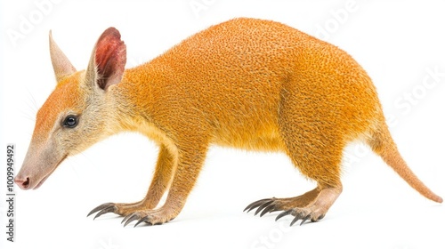 aardvark stands confidently, showcasing its long snout and sharp claws. Its vibrant fur contrasts beautifully with the stark white backdrop, highlighting its unique features. photo