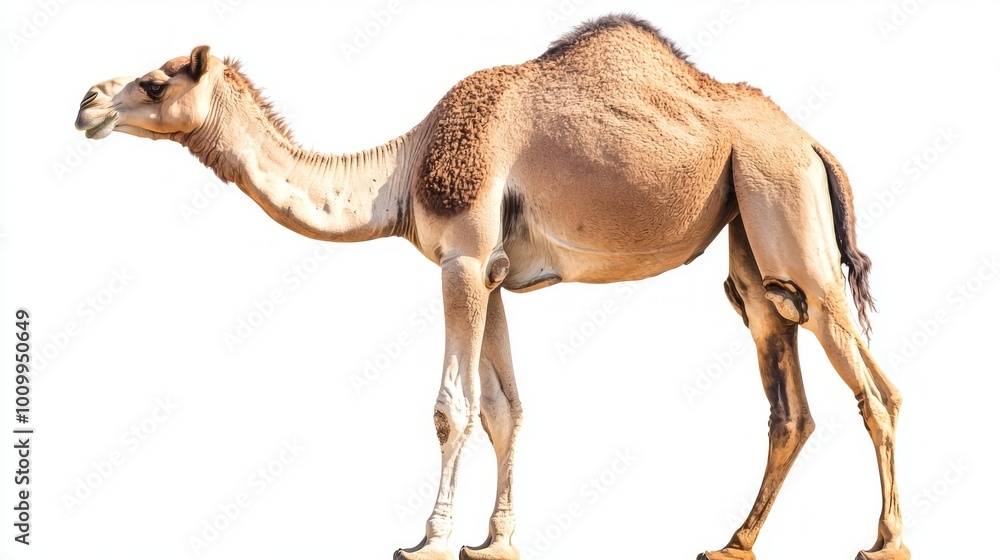 captivating camel stands tall and proud, showcasing its unique humps and characteristic features while its head is elegantly turned, making for a striking visual against the white background. captivating camel stands tall and proud, showcasing its unique humps and characteristic features while its head is elegantly turned, making for a striking visual against the white background.