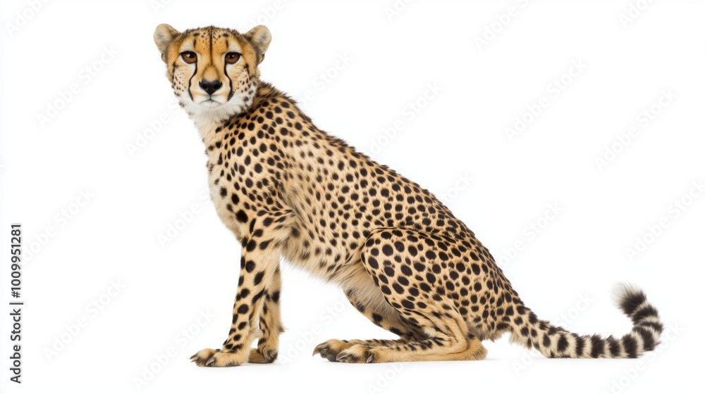 cheetah sits poised and elegant, its sleek body and unique spots highlighted against an empty white backdrop, radiating both beauty and grace. cheetah sits poised and elegant, its sleek body and unique spots highlighted against an empty white backdrop, radiating both beauty and grace.