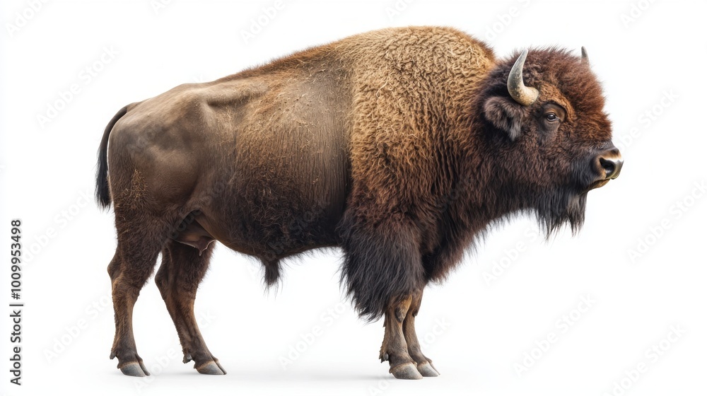 European bison stands tall and strong, its shaggy coat and muscular build highlighted against a stark white backdrop, symbolizing wildlife's raw beauty and resilience. European bison stands tall and strong, its shaggy coat and muscular build highlighted against a stark white backdrop, symbolizing wildlife's raw beauty and resilience.
