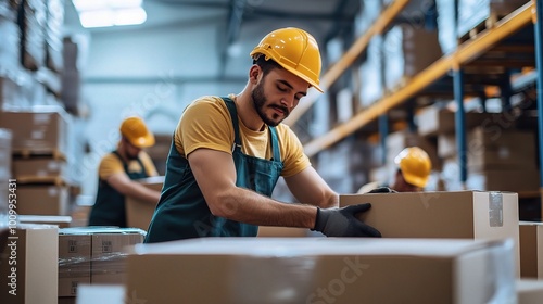 Young Workers Efficiently Moving Boxes in Warehouse photo