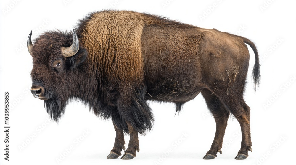 solitary European bison, distinguished by its thick fur and robust horns, showcases its majestic presence. The animal stands tall and proud, embodying strength and grace. solitary European bison, distinguished by its thick fur and robust horns, showcases its majestic presence. The animal stands tall and proud, embodying strength and grace.