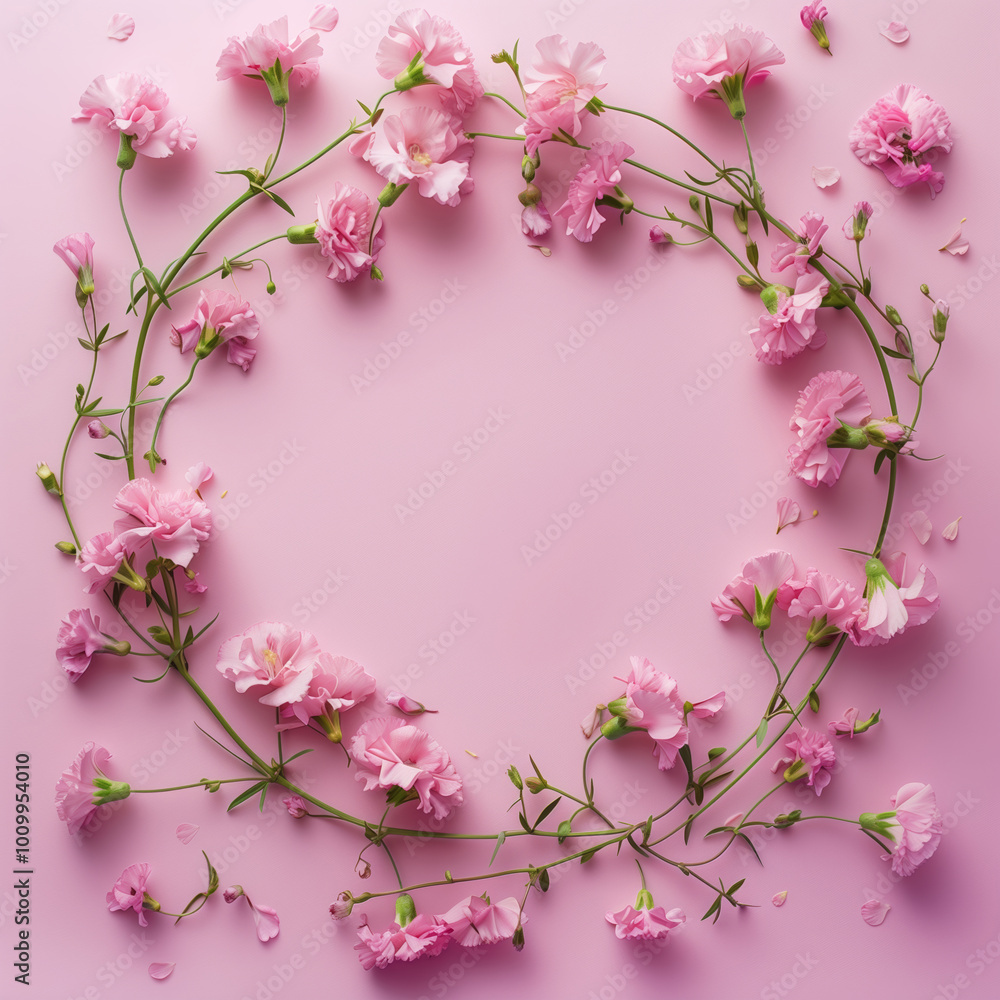 frame of flowers on a pink background, inscription, name, top view frame of flowers on a pink background, inscription, name, top view