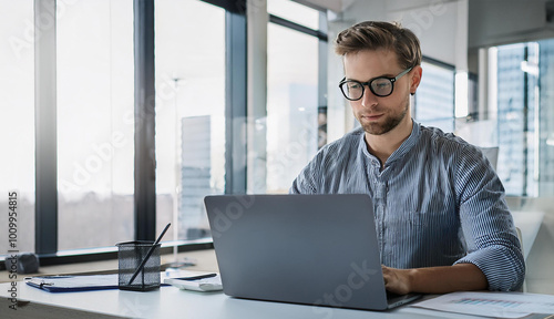 Young man working with a laptop computer in a modern office