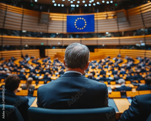 Back view of formal politicians in the EU Parliament chamber, with the European Union flag visible, emphasizing the political context of the EU photo