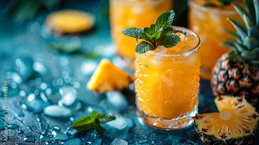 Fototapeta premium Fresh orange juice with mint garnish