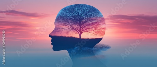 Human head silhouette with a serene landscape, symbolizing inner peace and mental tranquility, providing ample room for text or other content photo