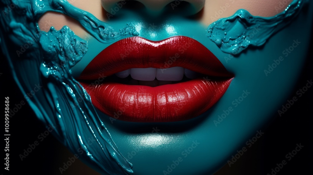 Obraz premium Woman face in glowing blue makeup paint. Neural network ai generated art