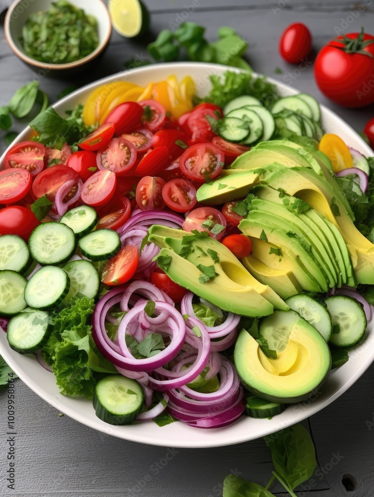 Fresh Salad with Avocado, Tomato, Cucumber, and Red Onion Fresh Salad with Avocado, Tomato, Cucumber, and Red Onion