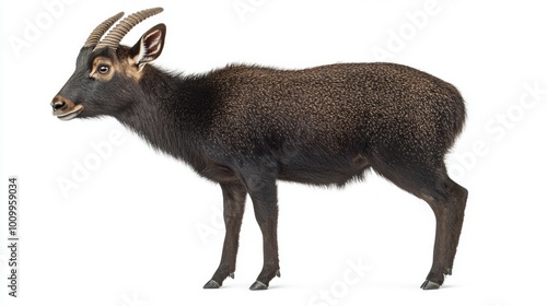 unique animal, the lowland anoa, strikes a dignified pose, highlighting its sleek body and short horns against a pure white backdrop, embodying elegance in its natural form. photo