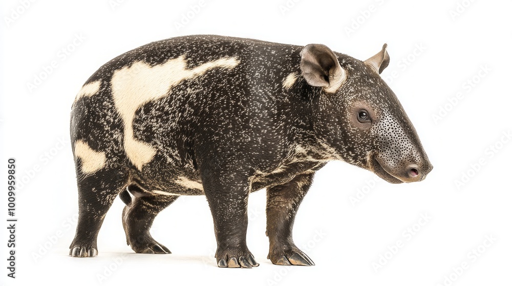 Malayan tapir stands confidently, displaying its remarkable black and white coat in a stunning contrast against a clean white background, showcasing its distinct features. Malayan tapir stands confidently, displaying its remarkable black and white coat in a stunning contrast against a clean white background, showcasing its distinct features.